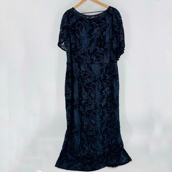 Adrianna Papell Navy Blue Sequin Lace Gown Short Sleeve Stretch Size 18W - Picture 1 of 12